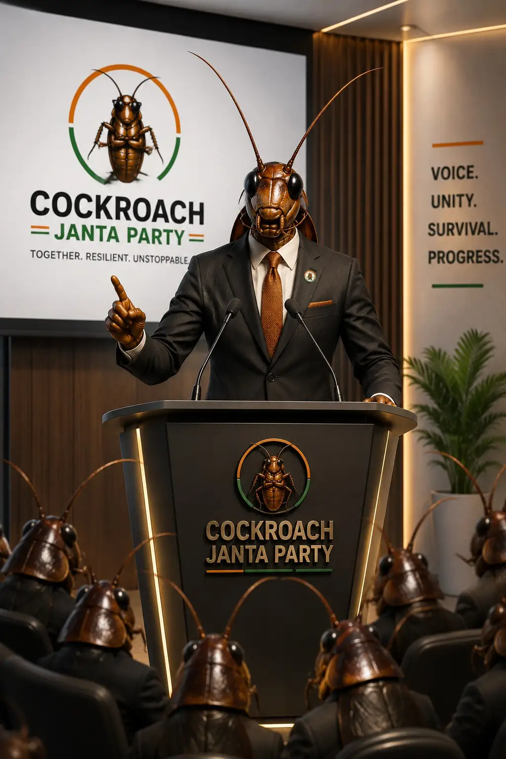 Cockroach Janta Party (CJP GenZ) banner with the crowd raising fists